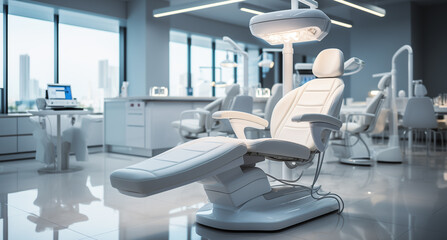 Fototapeta premium Contemporary Unoccupied Dental Chair in a White Dental Clinic.