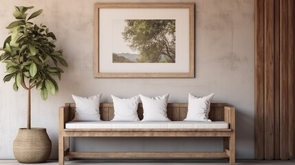 Barn wood bench with linen pillows against wall with mock up blank poster frames. Farmhouse, boho interior design of modern entrance hall