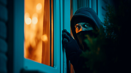 Burglar peeking into home at night, concept of crime and security
 - obrazy, fototapety, plakaty