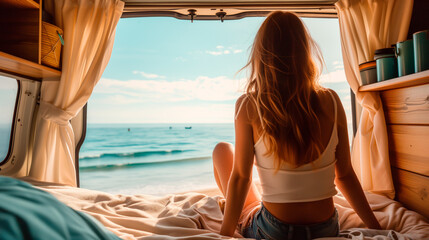 Woman in camper van gazing at ocean view. Concept of simple living and traveling or van living.