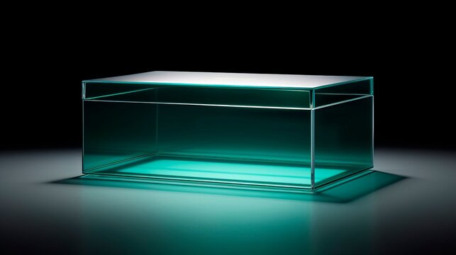 Clear acrylic box with contents in muted teal background