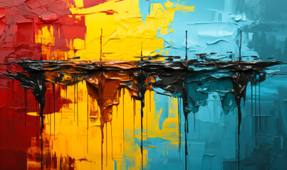 Abstract Artistic Deluge: Cascading Drips of Red, Yellow, and Blue Paint Overlapping in a Dramatic Melting Effect