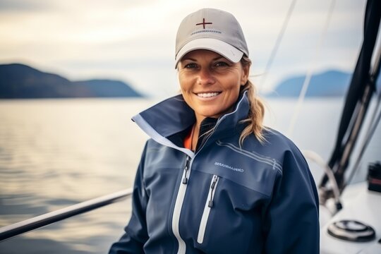 Portrait of a smiling female sailor on board a yacht at sunset