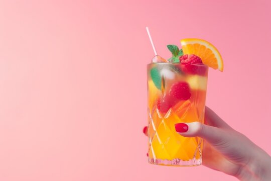 Picture of a person toasting with a colorful fruit cocktail, against a pastel pink background. 