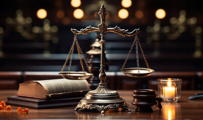 Symbol of law and justice, legal code, and balance scales on a wooden desk in a courtroom with warm, glowing light in the background creating an atmosphere of integrity and judgment - obrazy, fototapety, plakaty