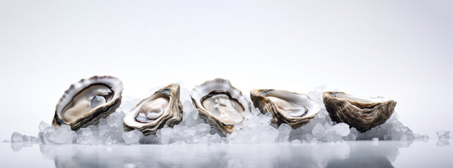Row of fresh oysters on crushed ice with white background.