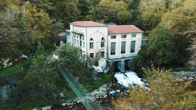 Abandoned Hydroelectric Power Plant. Georgia. Aerial view.