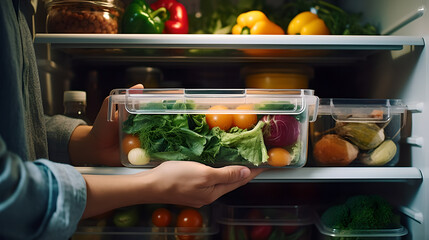View of man taking out a  packed lunch in a transparent plastic box  from  refrigerator 
 - obrazy, fototapety, plakaty