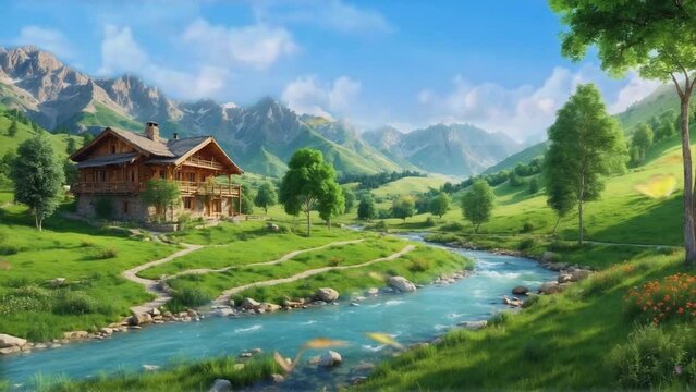 A paradise fantasy house in a village on a mountainside in spring, a small river beside the house, anime landscape illustration.