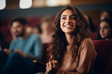 happiness of a female student in a lecture hall, glancing away with a cheerful expression, conveying a positive and engaged attitude toward education