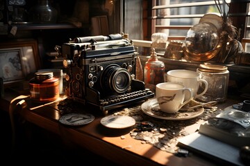 Vintage coffee shop with old camera, coffee cup and books.