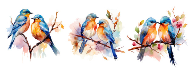 Set of watercolor birds in a pair. A couple of birds are sitting on a branch. Spring concept. Singing birds watercolor. Vector illustration.
