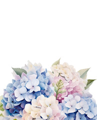 Bouquet of watercolor hydrangea. Blank banner, design template, etc. Wedding theme. Vector illustration