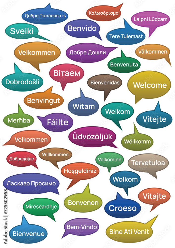 Fototapete a4 page format vector illustration with the word welcome in european languages isolated in a white b