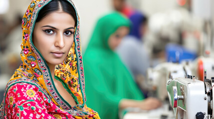 Focused young woman tailor with appearance sews things from natural fabric. The tailor's nimble fingers effortlessly transform fabric into a work of art.