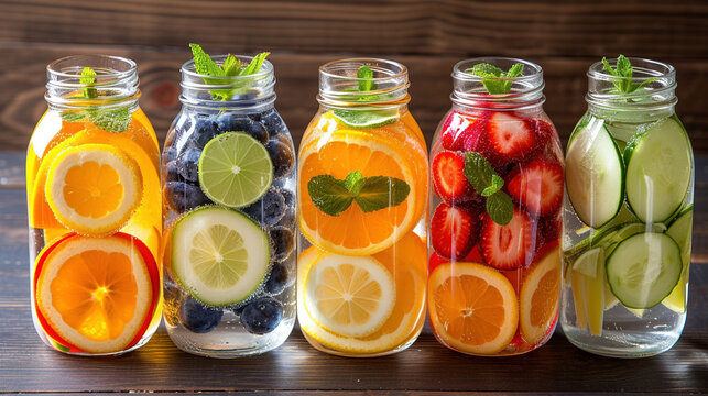 Refreshing Fruit Infused Water in Mason Jars with Berries and Citrus