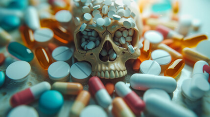 Pills and capsules next to a human skull. Big Pharma illustration. Death theme in pharmaceutical industry