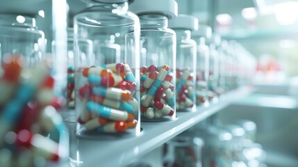 Pills and capsules on the shelves. Big Pharma illustration. Pharmaceutical industry