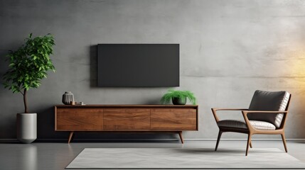 Cabinet for TV wall mounted with armchair in living room with a concrete wall