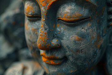 Close-up of Buddha's face. Meditation and tranquility