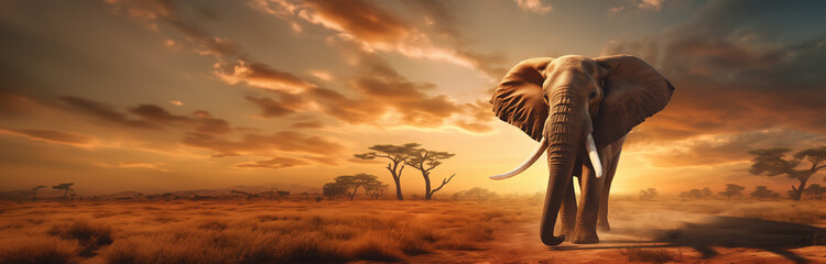 Naklejka premium Cinematic African Elephant banner with copy space. Africa safari wildlife animal and savanna landscape graphic.