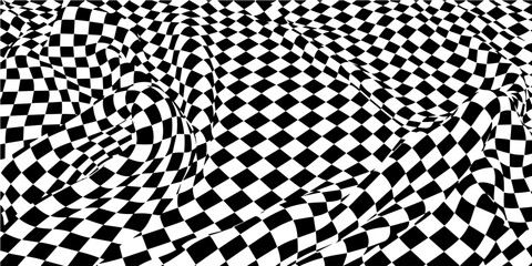 Abstract vector background  wavy surface with curve pattern  black quards. Black checkers isolated on white. For banner.