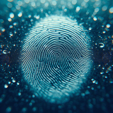 Fingerprint with water drops on blue background. 3d illustration