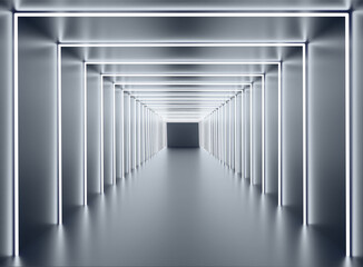 White neon tunnel. Black corridor with white glowing fluorescent lamp.