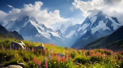 Mountain landscape panorama with wildflowers and snow covered peaks