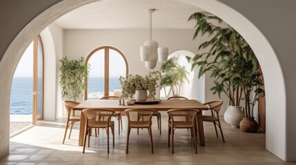 Fototapeta na wymiar Coastal, mediterranean home interior design of modern dining room with arched ceiling