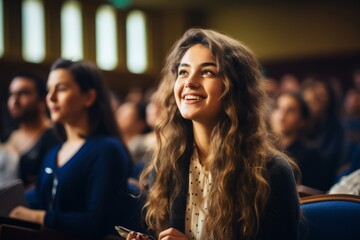 A joyful female college student in a lecture hall, looking away with a smile, radiating positivity and enthusiasm for learning