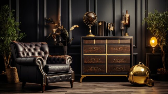 Design furniture with golden elements in luxury room