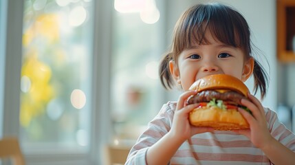 young asian little girl eating big burger at home, moment capturing the indulgence homemade fast food enjoying . - obrazy, fototapety, plakaty