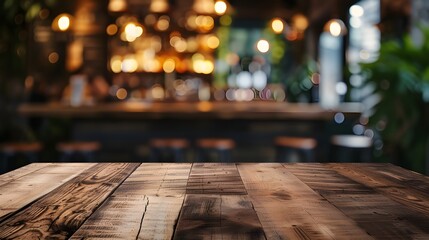 Empty wooden table with blur rustic bar restaurant cafe background