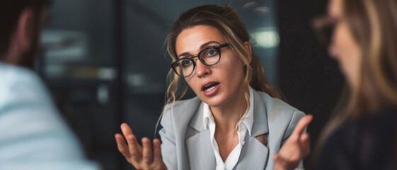 A professional woman in glasses speaks emphatically during a meeting, illustrating dynamic workplace communication