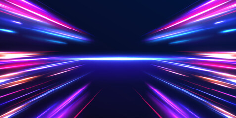 Obraz premium Cyberpunk light trails in motion or light slow shutter effect. Acceleration speed motion on night road. Bright sparkling background. Panoramic high speed technology concept, light abstract background.