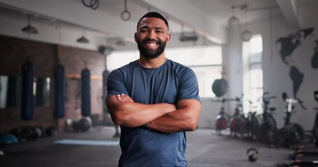 Man, face or happy for fitness in gym, membership or confident for training wellness for healthy body. Person, pride or sports portrait with commitment in exercise class, positive and equipment