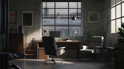 An empty office space with modern furniture and décor, bathed in the natural light coming through venetian blinds of large windows.