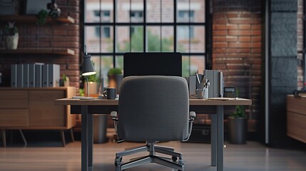 A professional home office setup with a contemporary desk, comfortable chair, and urban brick wall aesthetic, illuminated by natural light from large windows.