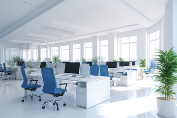 Interior of modern office with white walls, concrete floor, rows of white computer tables
