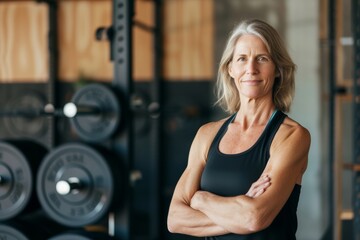 Obraz premium Smiling senior woman with arms crossed in a gym