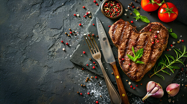 grilled beef steaks in the form of a heart with spices for Valentine's day on a stone background with copy space for your text. dinner concept for two for Valentine's Day celebration. generative ai
