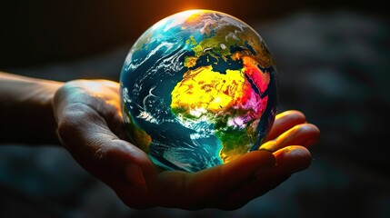Human hands carefully hold a glowing globe, with the continents illuminated, symbolizing hope, unity, and global stewardship against a dark background.