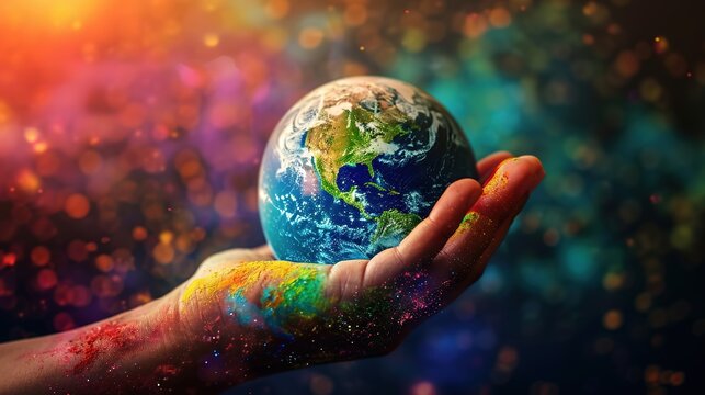 A creative image showcasing a hand painted with vibrant colors holding a small globe, set against a sparkling, bokeh light background, symbolizing artistic expression of world care.