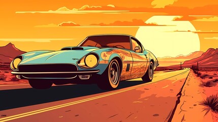 Retro racing car on the road and pastel colored background. Comic book style. generative ai