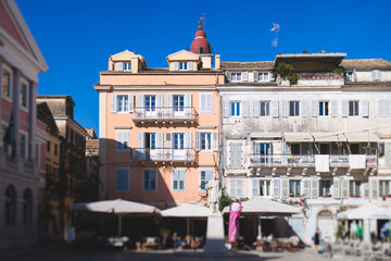 Corfu street view, Kerkyra old town beautiful cityscape, Ionian sea Islands, Greece, a summer sunny day, pedestrian streets with shops and cafes, architecture of historic center, travel to Greece