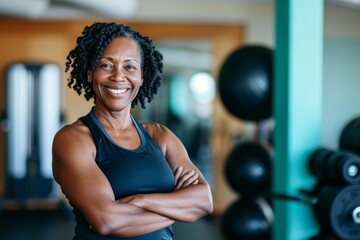Smiling senior woman with arms crossed in a gym