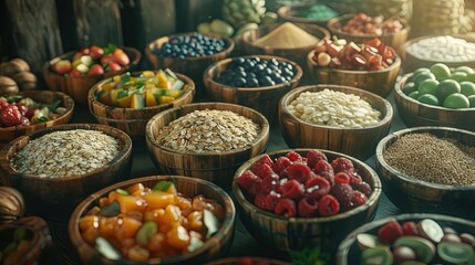 An assortment of whole foods, including grains, legumes, and fresh fruits, presented in wooden bowls on a rustic table with a moody atmosphere.