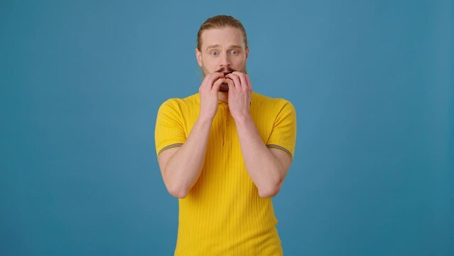 Man feels nervous biting nails and comes to calm state