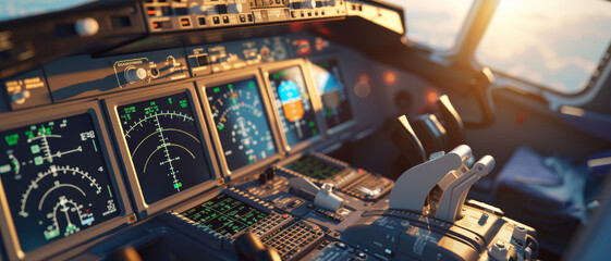 Golden sunset illuminates the cockpit, where advanced avionics await the steady hand of an unseen pilot